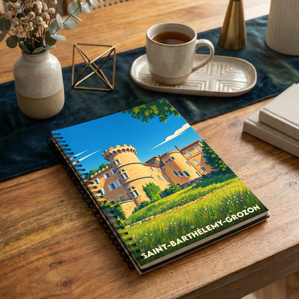 Carnet à spirales souvenir de la ville de Saint-Barthélemy-Grozon avec une illustration stylisée de son château.