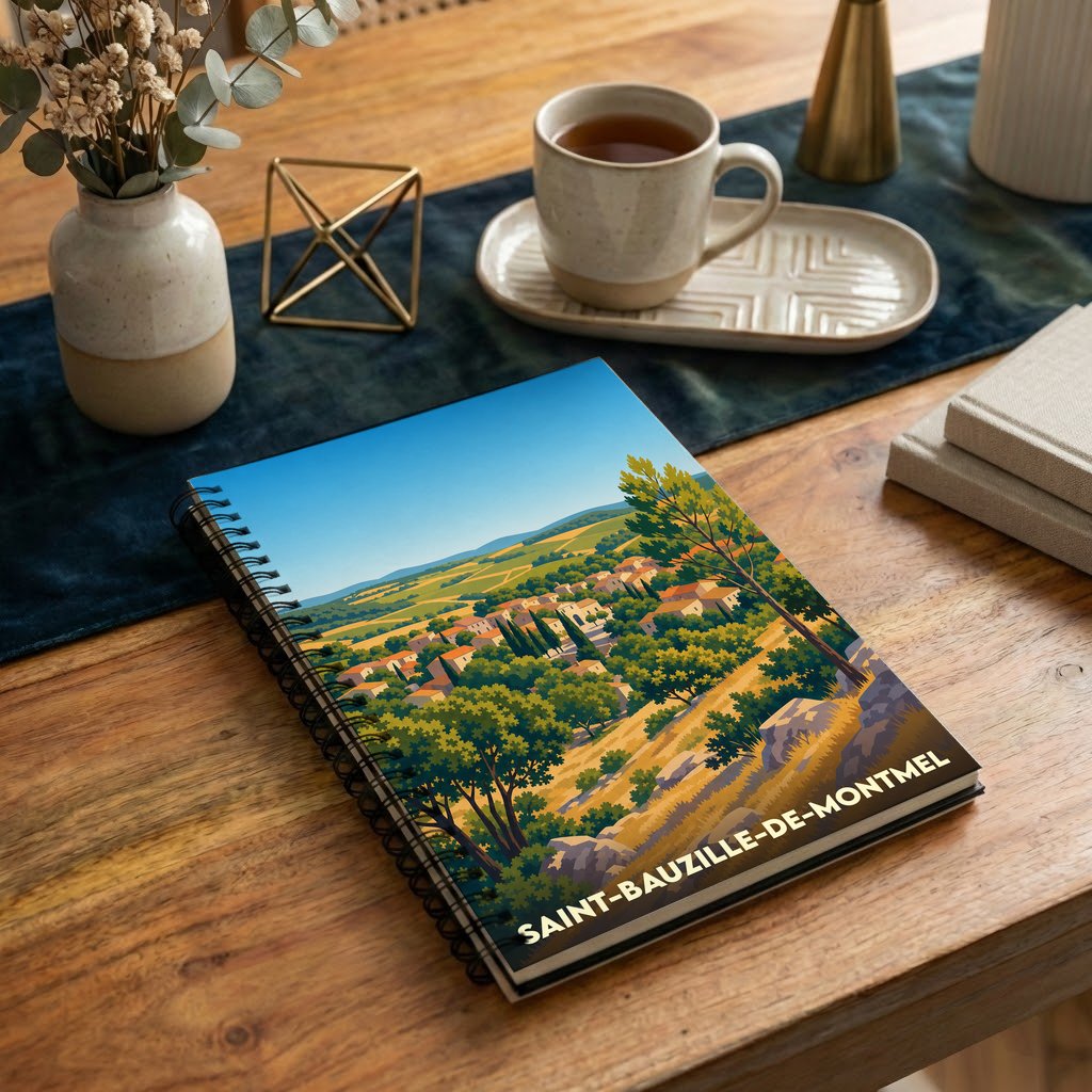 Carnet à spirales souvenir de la ville de Saint-Bauzille-de-Montmel avec une illustration de paysage coloré.
