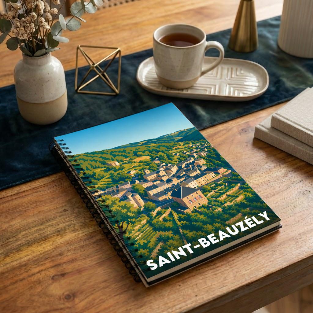 Carnet souvenir de la ville de Saint-Beauzély orné d'une illustration stylisée du village.