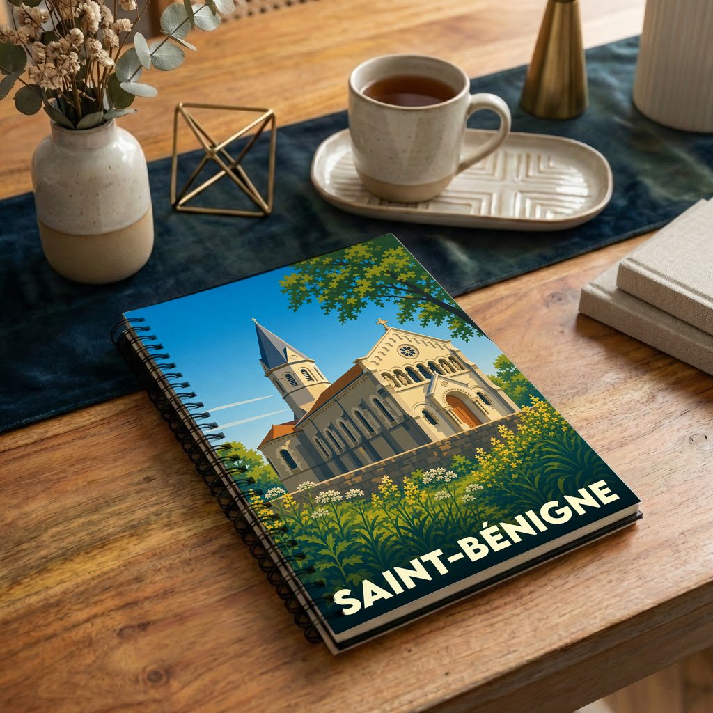 Carnet à spirales souvenir de Saint-Bénigne avec une illustration stylisée de son église.
