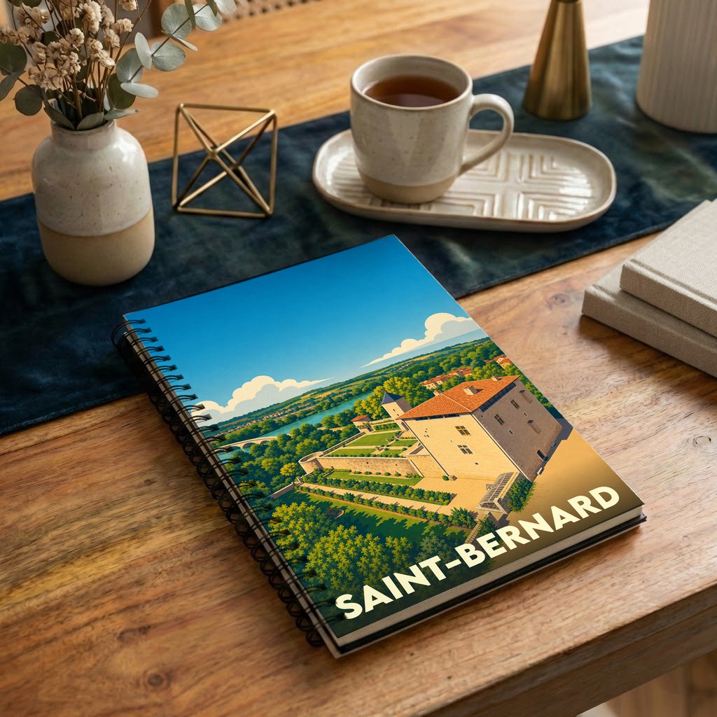 Carnet à spirales souvenir de la ville de Saint-Bernard avec une illustration stylisée d'un château et de ses jardins.
