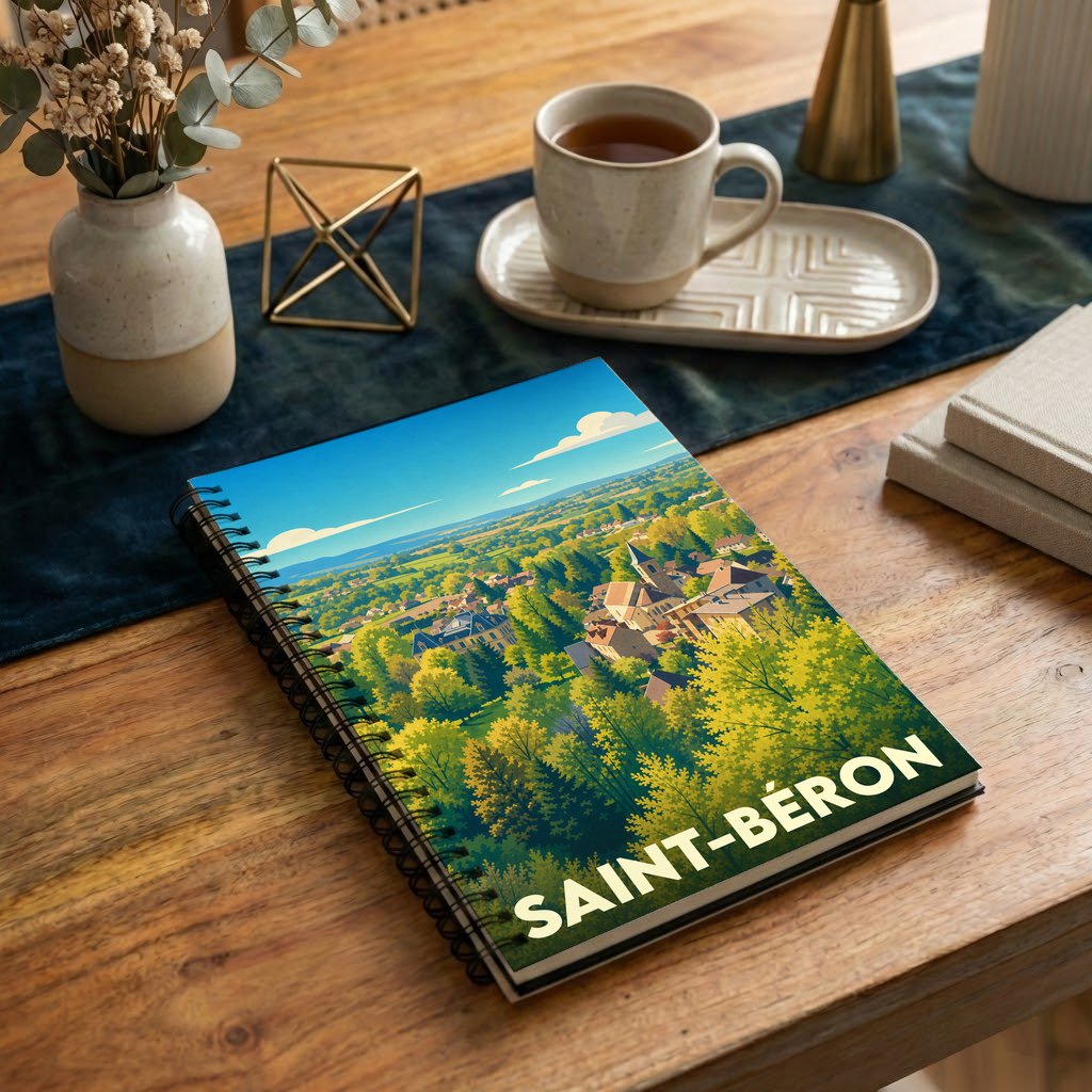 Carnet souvenir de la ville de Saint-Béron illustré par un paysage vallonné et arboré.