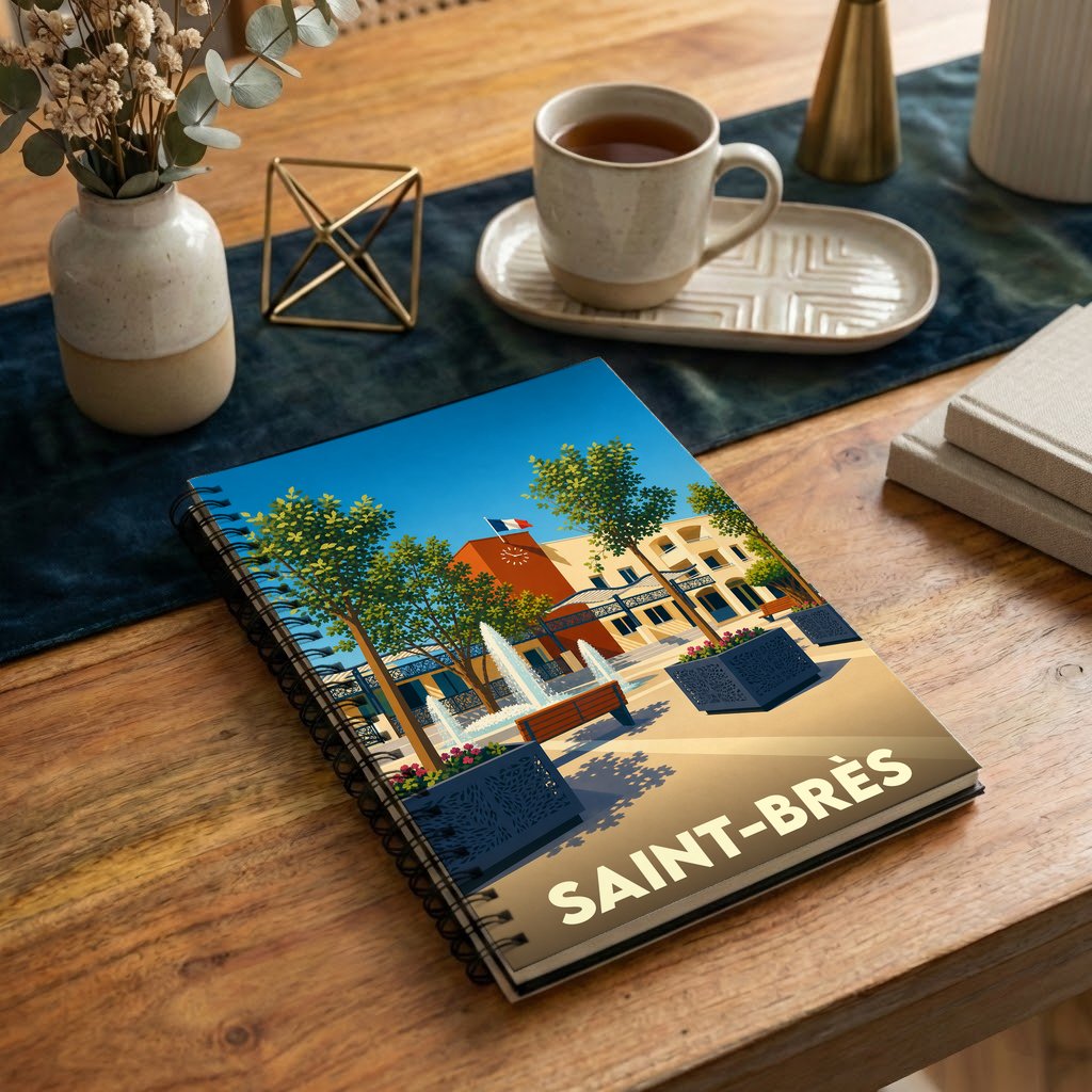 Carnet à spirales souvenir de la ville de Saint-Brès avec une illustration stylisée de sa place principale.
