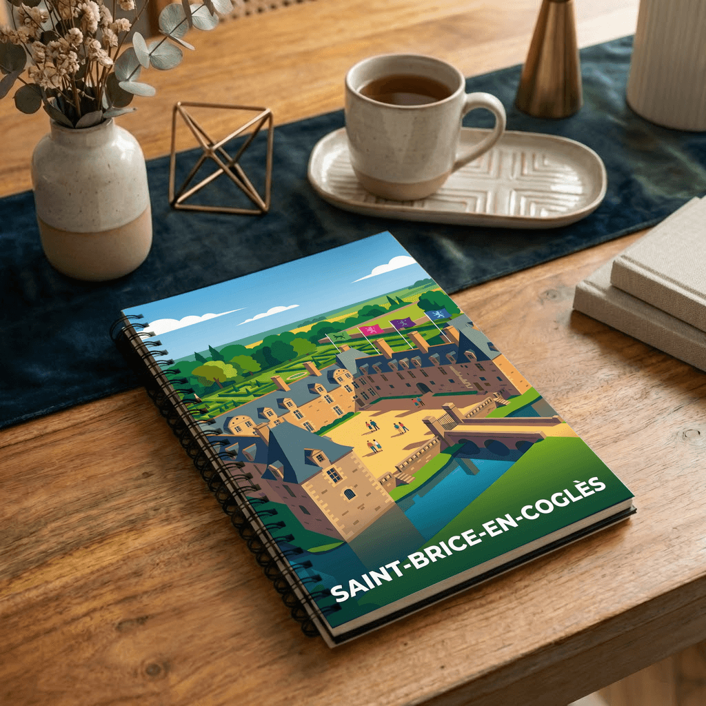 Carnet souvenir de la ville de Saint-Brice-en-Coglès avec une illustration stylisée.