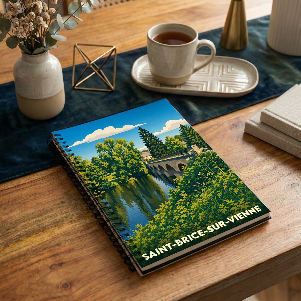 Carnet à spirales souvenir de la ville de Saint-Brice-sur-Vienne avec une illustration stylisée d'un pont au bord de l'eau.