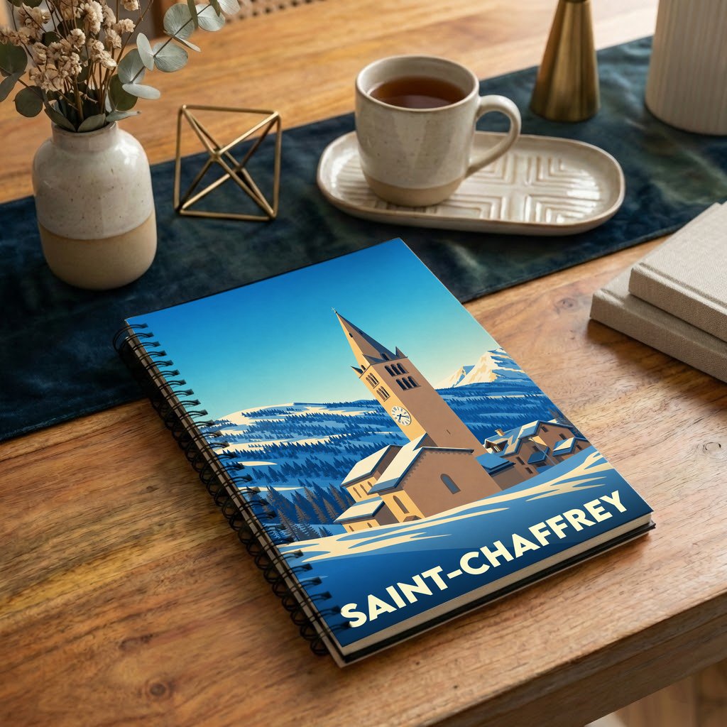 Carnet à spirales souvenir de Saint-Chaffrey avec une illustration stylisée d'un village de montagne enneigé.