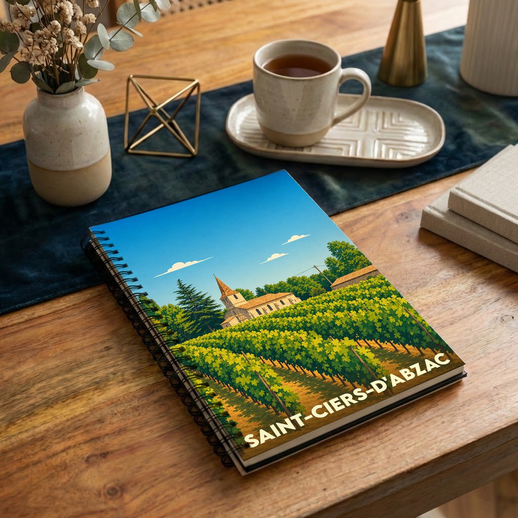 Carnet souvenir de la ville de Saint-Ciers-d'Abzac avec une illustration stylisée de ses vignobles et de son église.