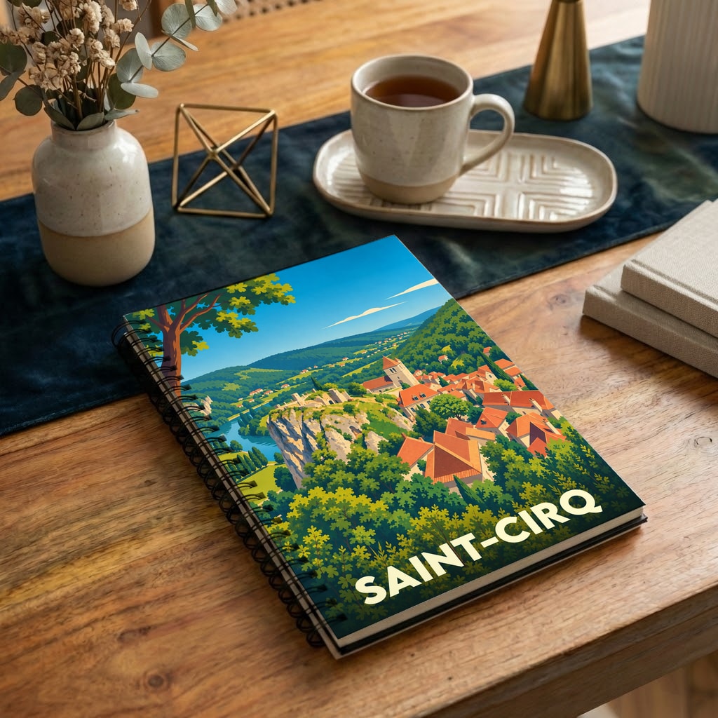 Carnet à spirales souvenir de Saint-Cirq-Lapopie avec une illustration colorée et stylisée du village.
