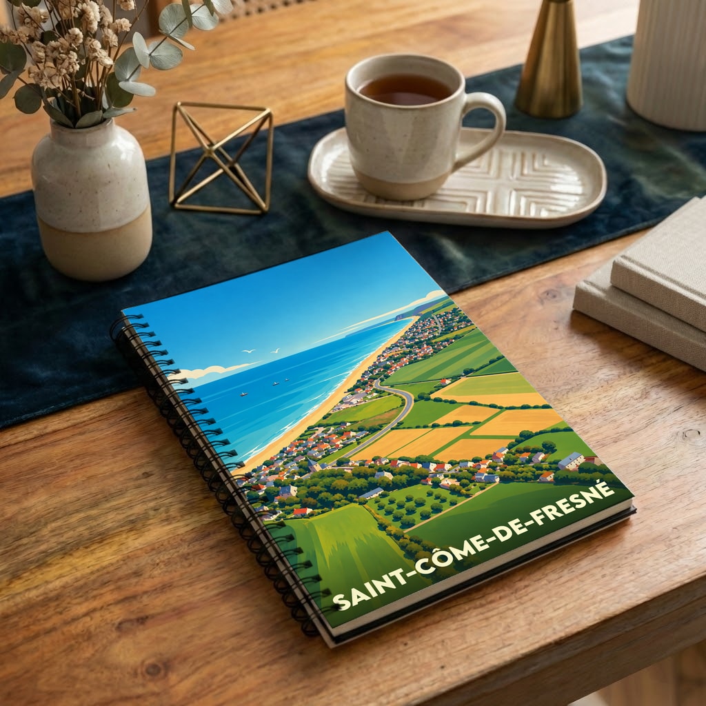 Carnet à spirales souvenir de la ville de Saint-Côme-de-Fresné avec une illustration stylisée de son paysage côtier.