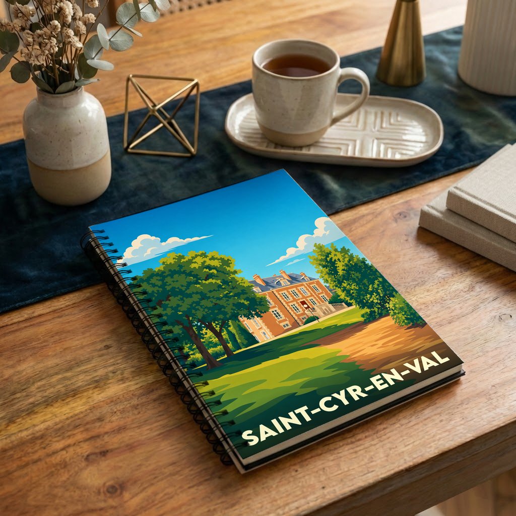 Carnet à spirales souvenir de Saint-Cyr-en-Val avec une illustration stylisée de son château et de son parc.