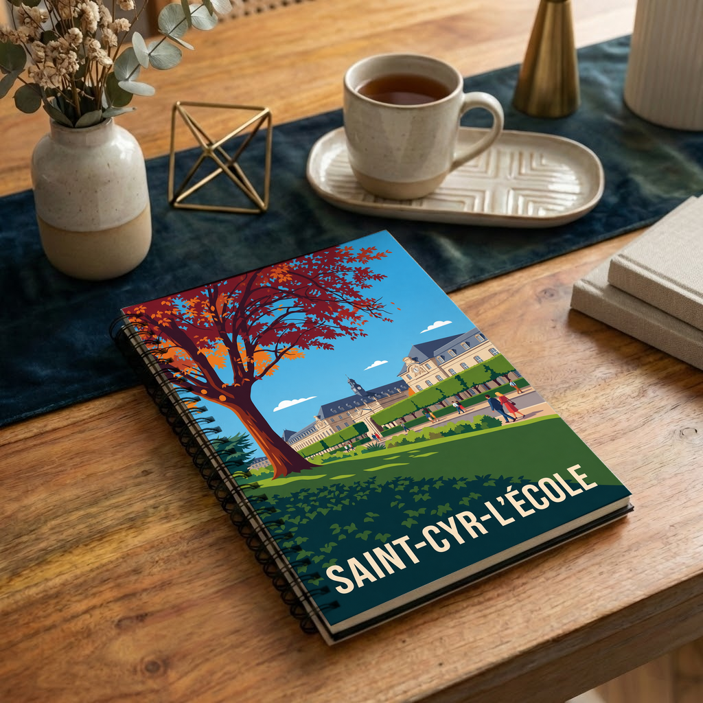 Carnet souvenir de la ville de Saint-Cyr-l'École avec une illustration stylisée et colorée.