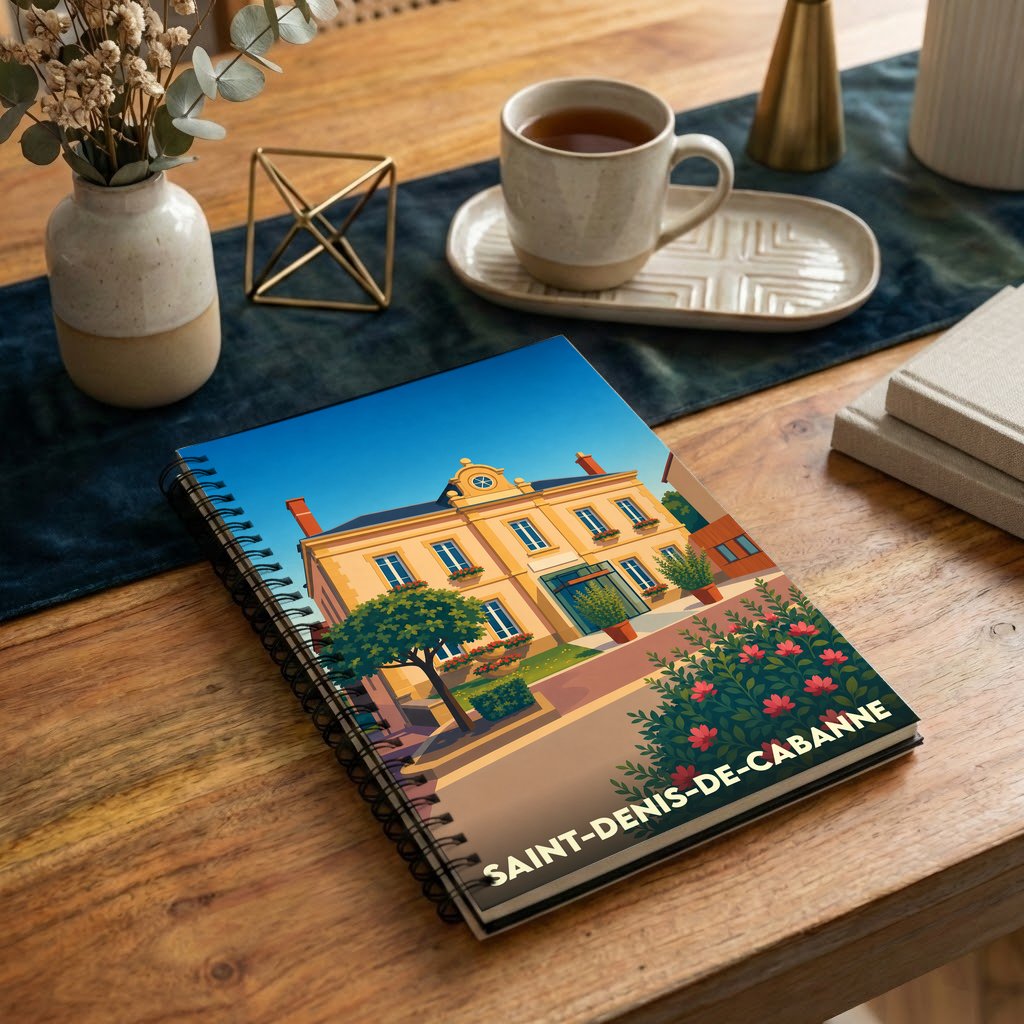 Carnet souvenir de la ville de Saint-Denis-de-Cabanne avec une illustration stylisée de sa mairie.