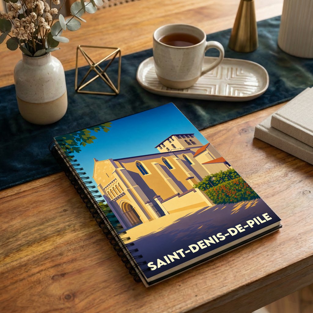 Carnet souvenir de la ville de Saint-Denis-de-Pile avec une illustration stylisée de son église.