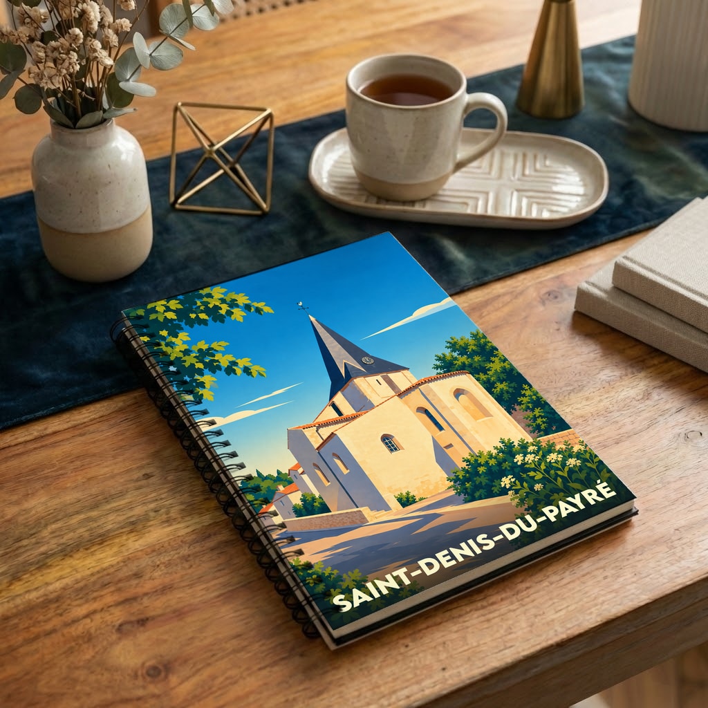 Carnet souvenir de la ville de Saint-Denis-du-Payré avec une illustration stylisée de son église.