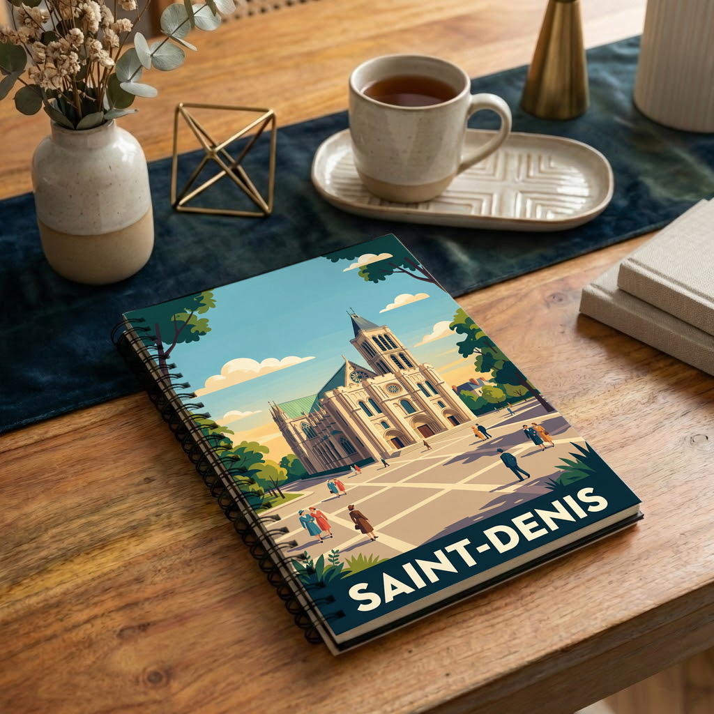 Carnet souvenir de la ville de Saint-Denis avec une illustration stylisée de sa basilique.