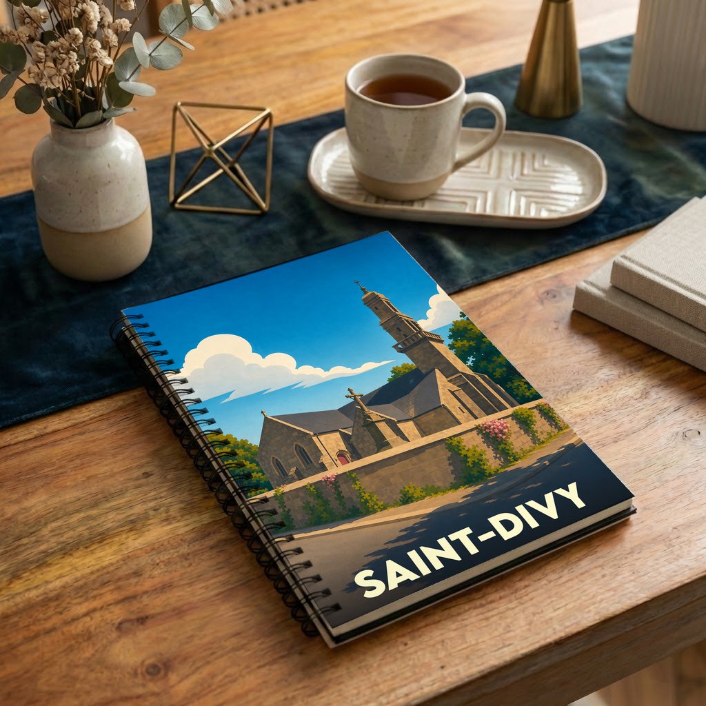 Carnet à spirales souvenir de la ville de Saint-Divy avec une illustration stylisée de son église.
