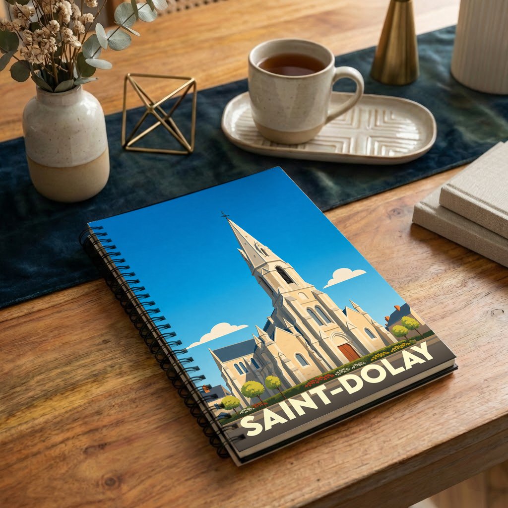 Carnet à spirales souvenir de la ville de Saint-Dolay avec une illustration stylisée de son église sous un ciel bleu.