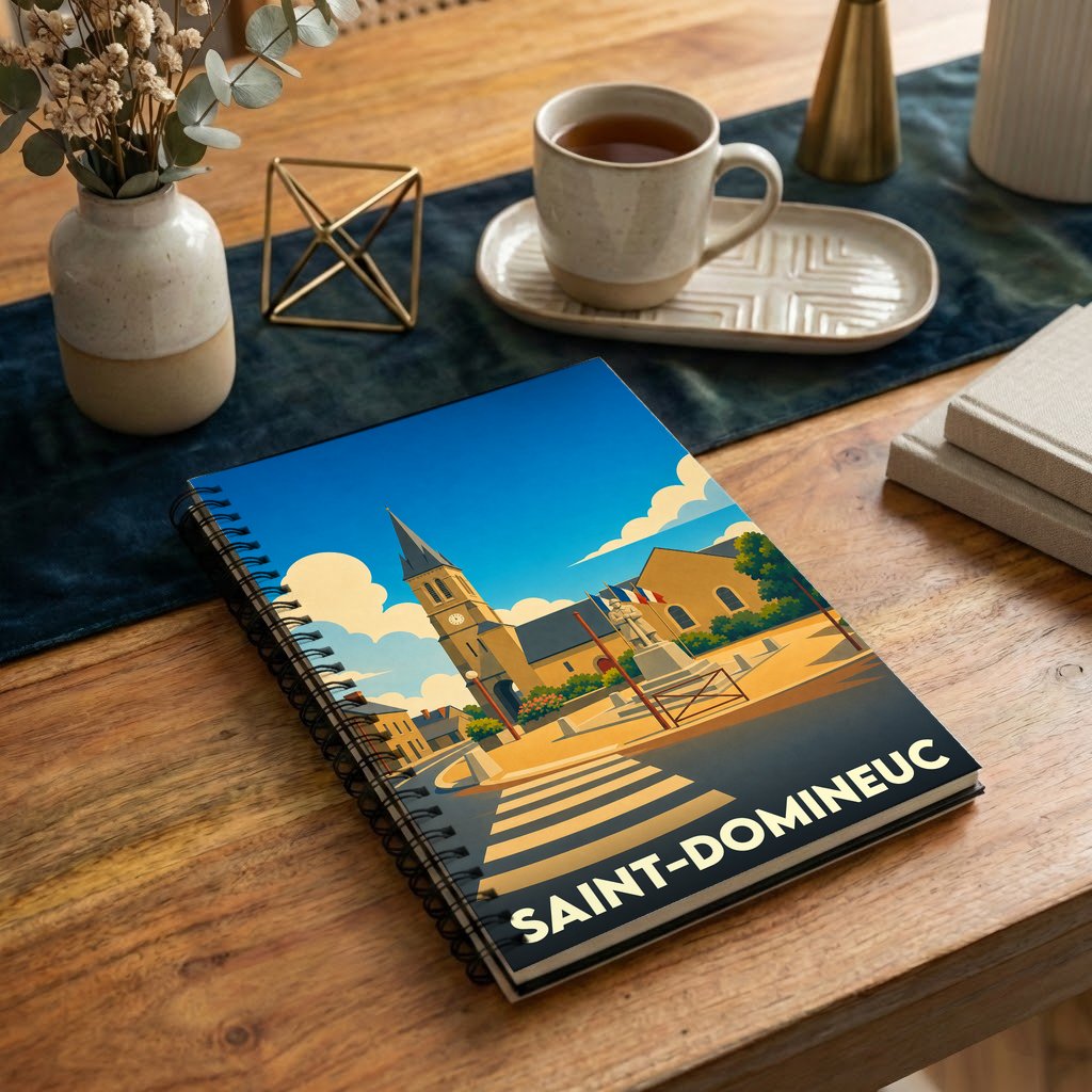 Carnet de notes souvenir de la ville de Saint-Domineuc avec une illustration stylisée.