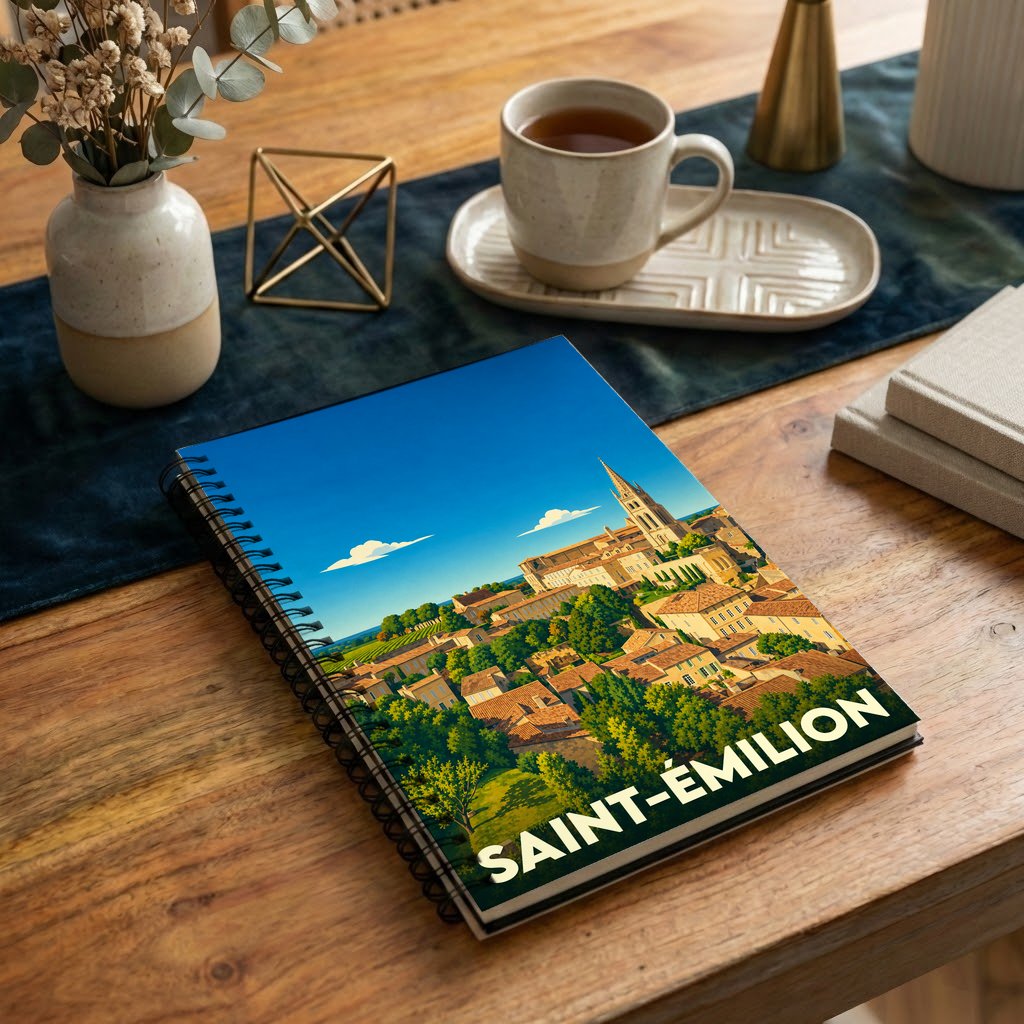 Carnet souvenir à spirales de la ville de Saint-Émilion avec une illustration stylisée.