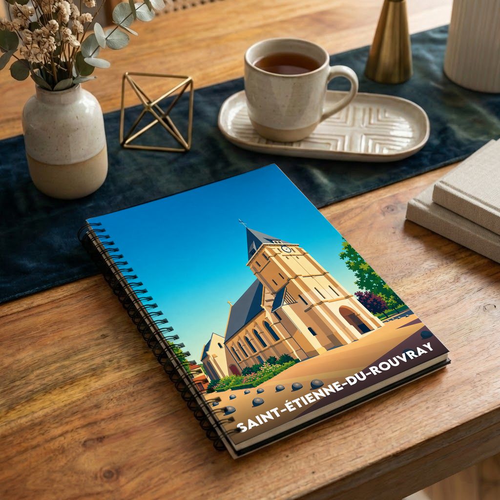 Carnet souvenir de la ville de Saint-Étienne-du-Rouvray illustré d'un dessin stylisé de son église.