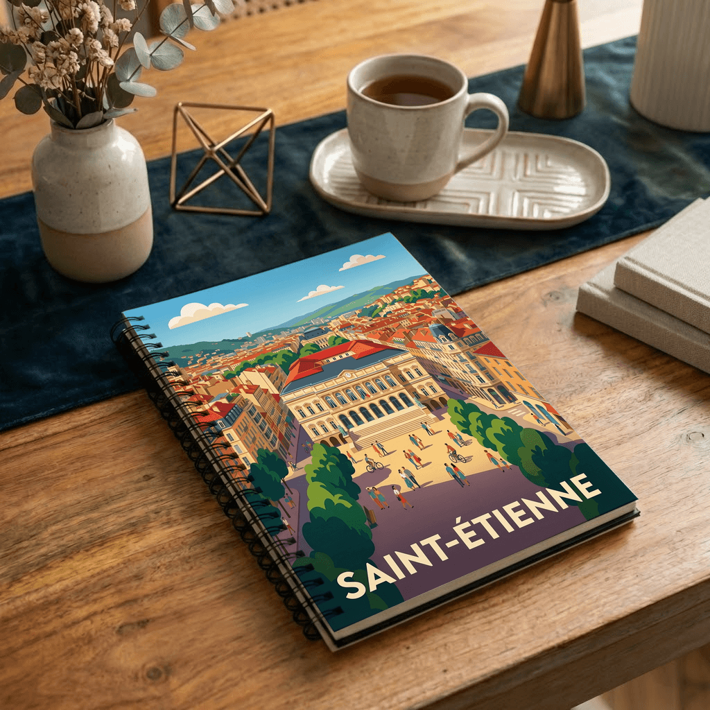 Carnet souvenir de la ville de Saint-Étienne avec une illustration stylisée.