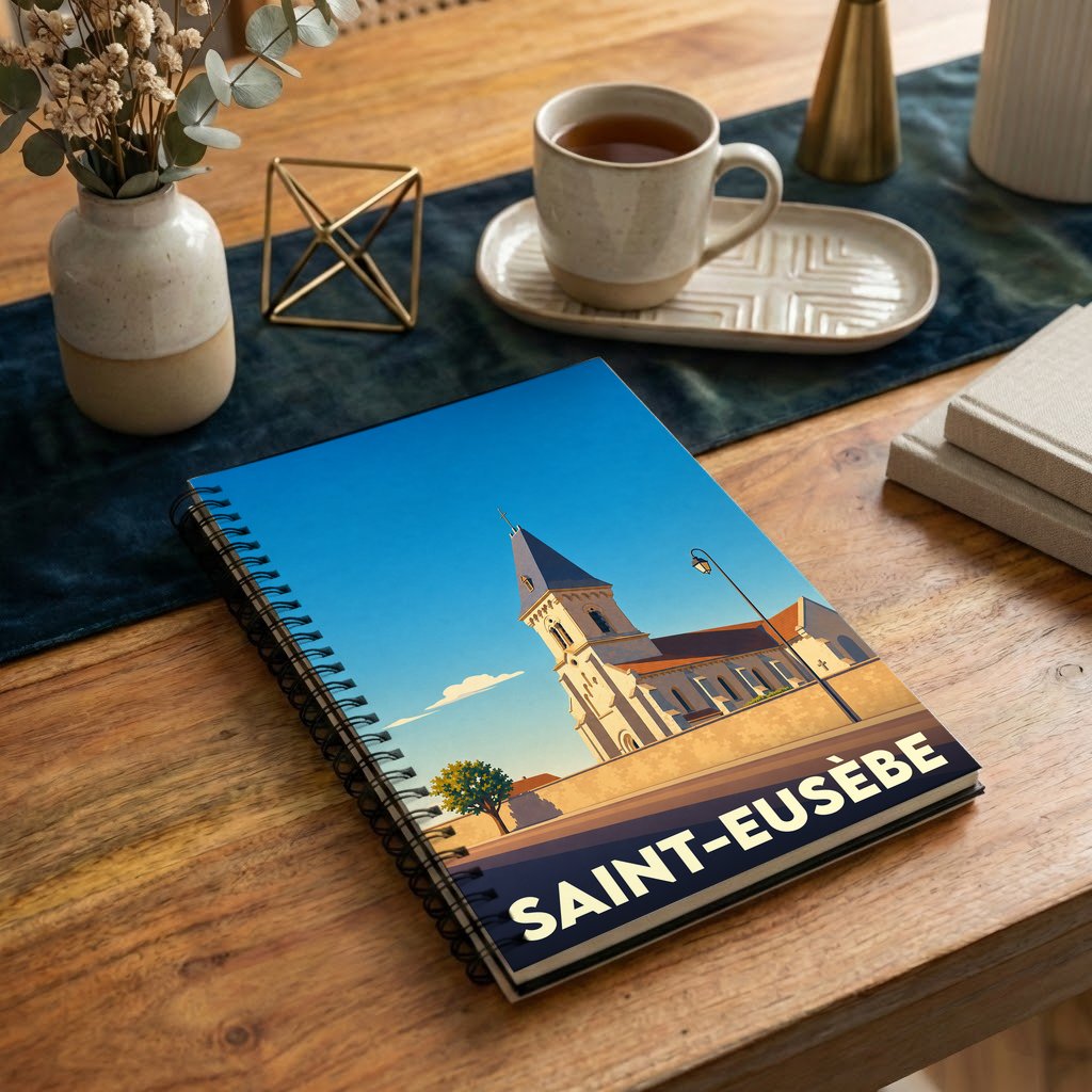 Carnet à spirale souvenir de la ville de Saint-Eusèbe avec une illustration stylisée de son église.