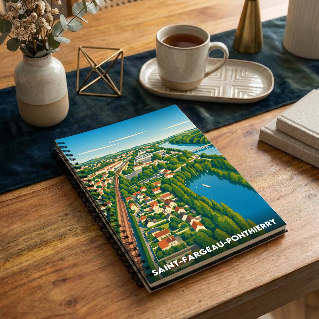 Carnet souvenir de la ville de Saint-Fargeau-Ponthierry avec une illustration stylisée.