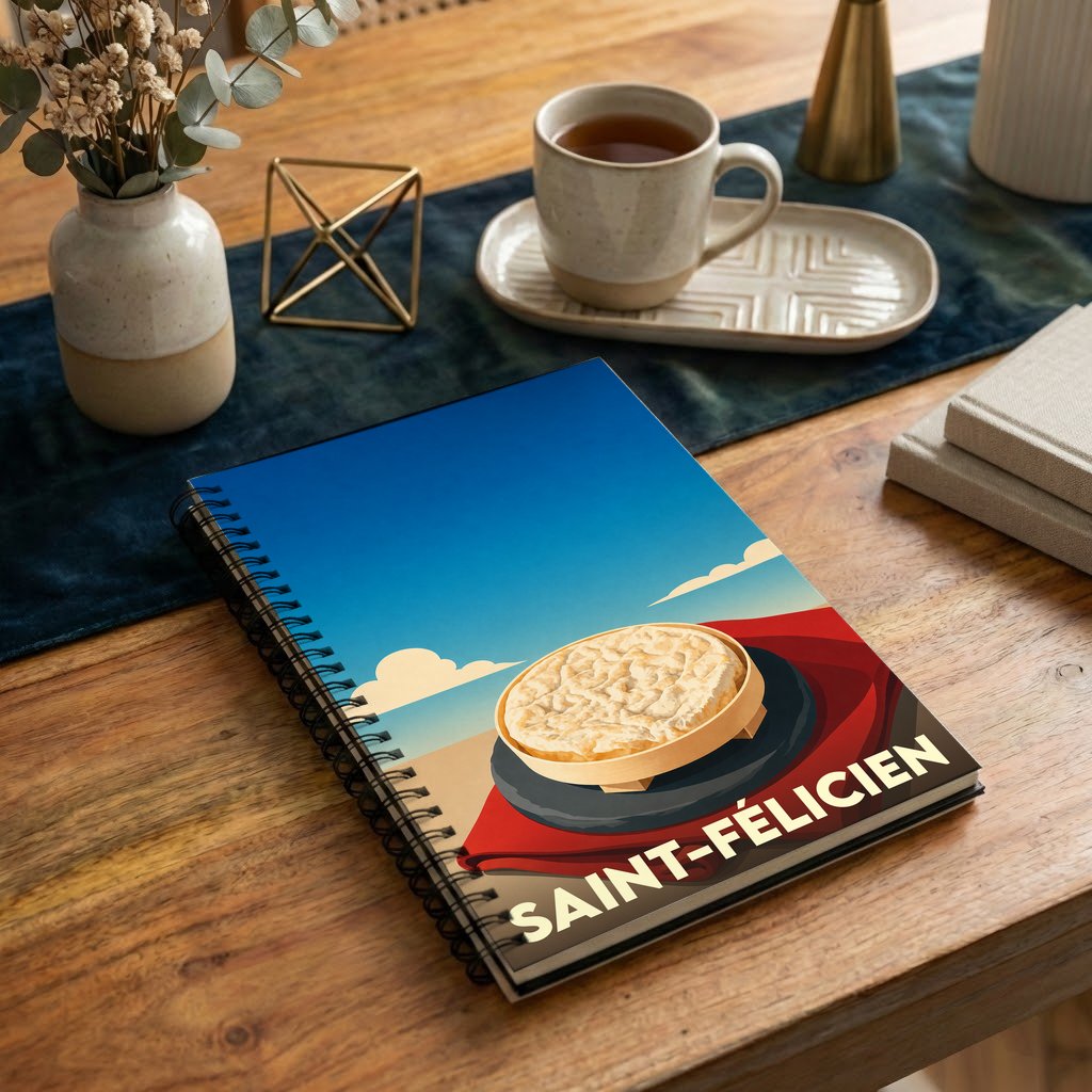 Carnet souvenir de la ville de Saint-Félicien avec une illustration stylisée d'un fromage local.