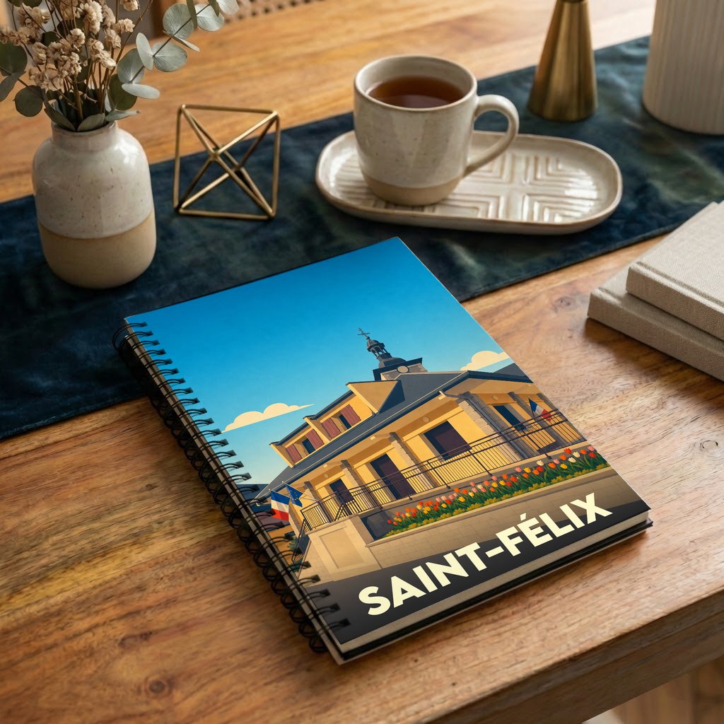 Carnet à spirales souvenir de la ville de Saint-Félix avec une illustration stylisée de sa mairie.