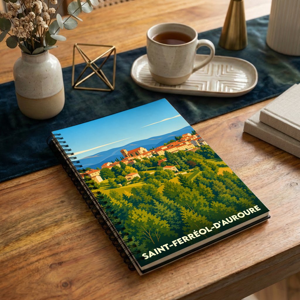Carnet souvenir de la ville de Saint-Ferréol-d'Auroure avec une illustration stylisée de son paysage vallonné.