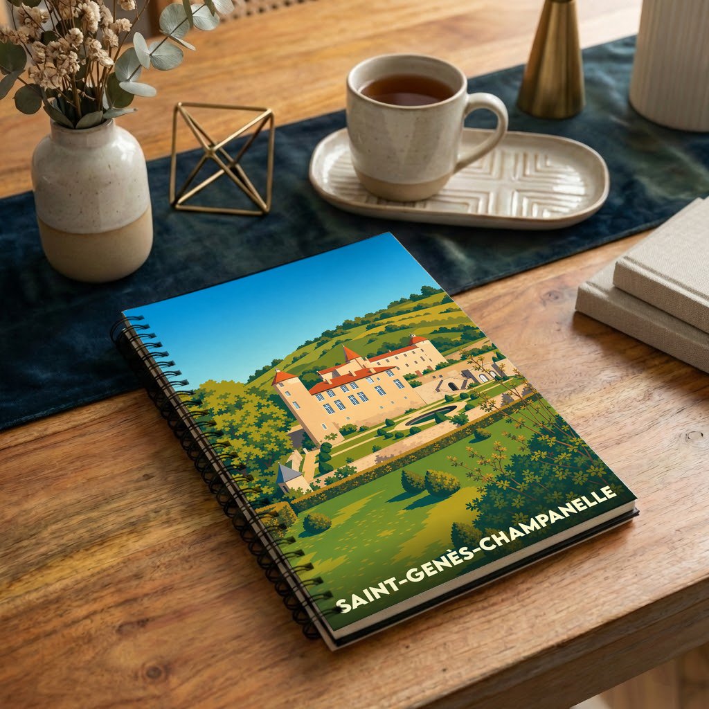 Carnet à spirale souvenir de la ville de Saint-Genès-Champanelle avec une illustration colorée et stylisée de son château.