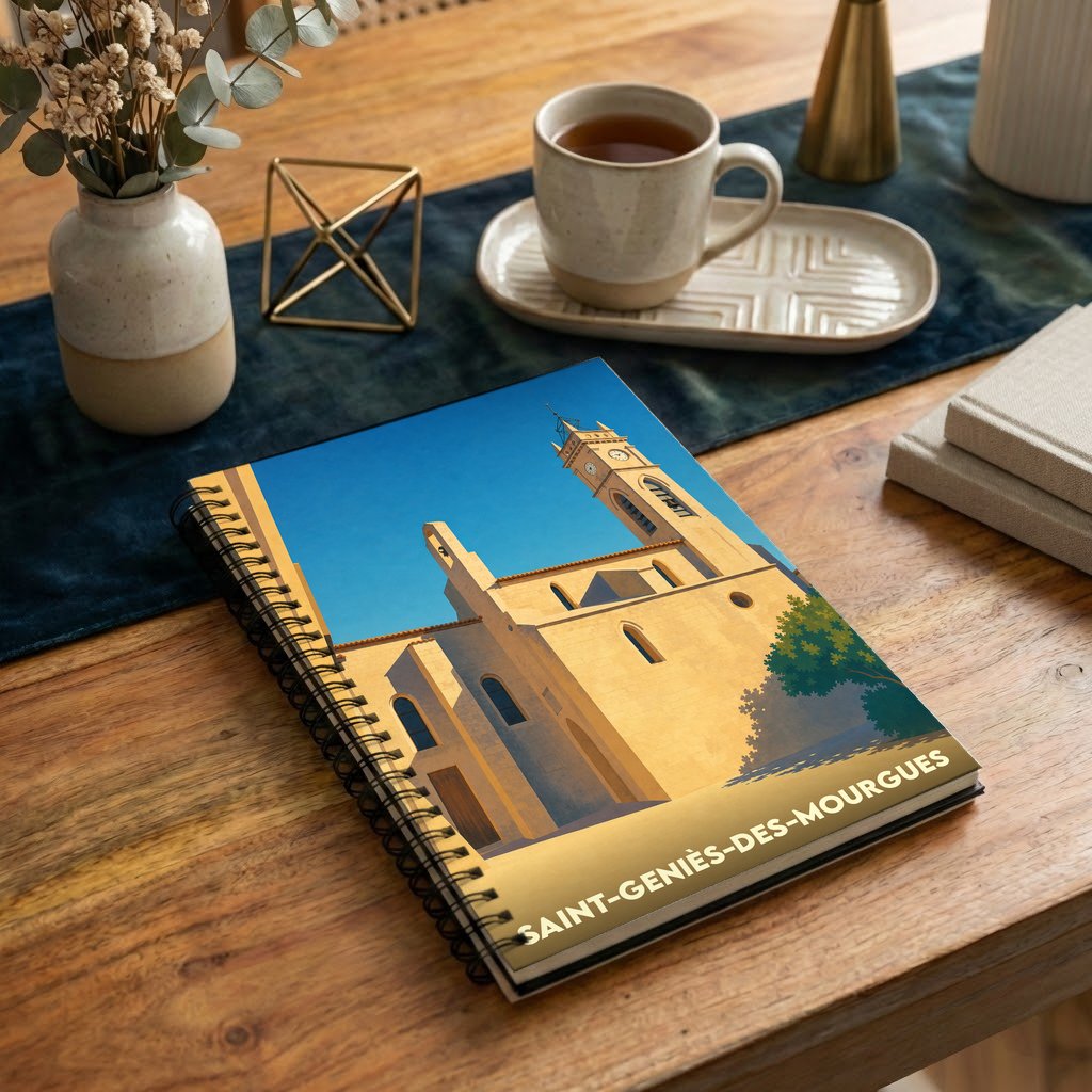 Carnet souvenir de la ville de Saint-Geniès-des-Mourgues avec une illustration stylisée de son église sous un ciel bleu.