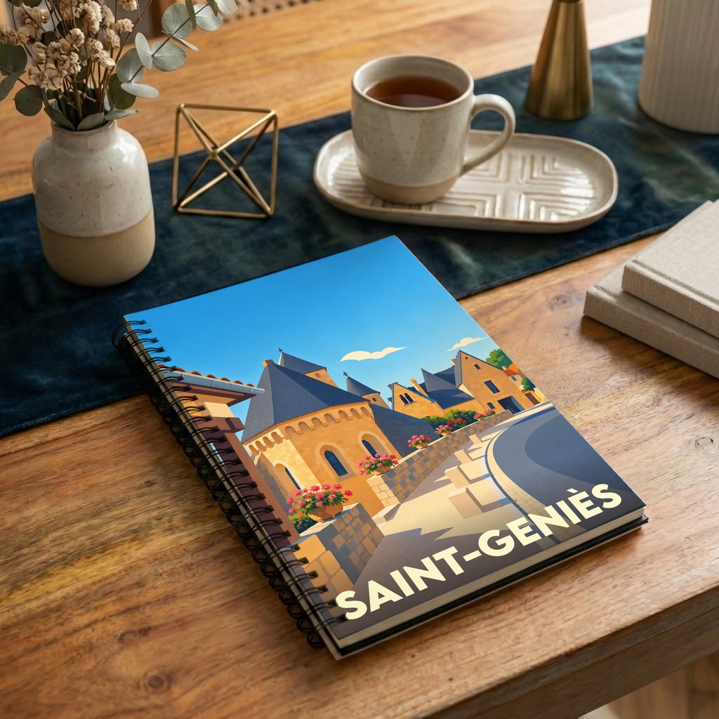 Carnet souvenir de la ville de Saint-Geniès avec une illustration stylisée.