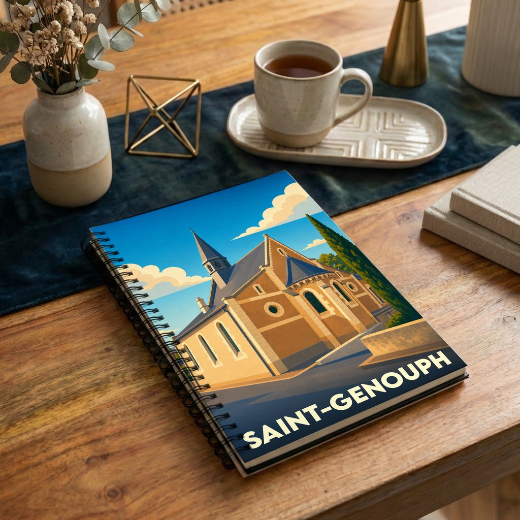 Carnet à spirales souvenir de la ville de Saint-Genouph avec une illustration stylisée de son église.