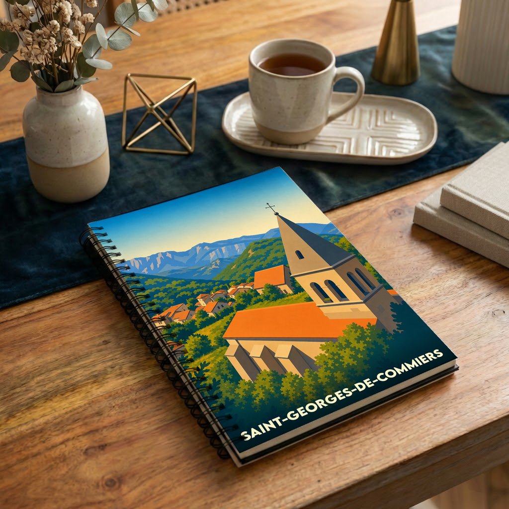 Carnet souvenir de la ville de Saint-Georges-de-Commiers avec une illustration stylisée de son église et des montagnes environnantes.