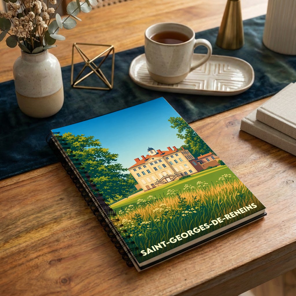 Carnet à spirale souvenir de la ville de Saint-Georges-de-Reneins avec une illustration stylisée de son patrimoine.