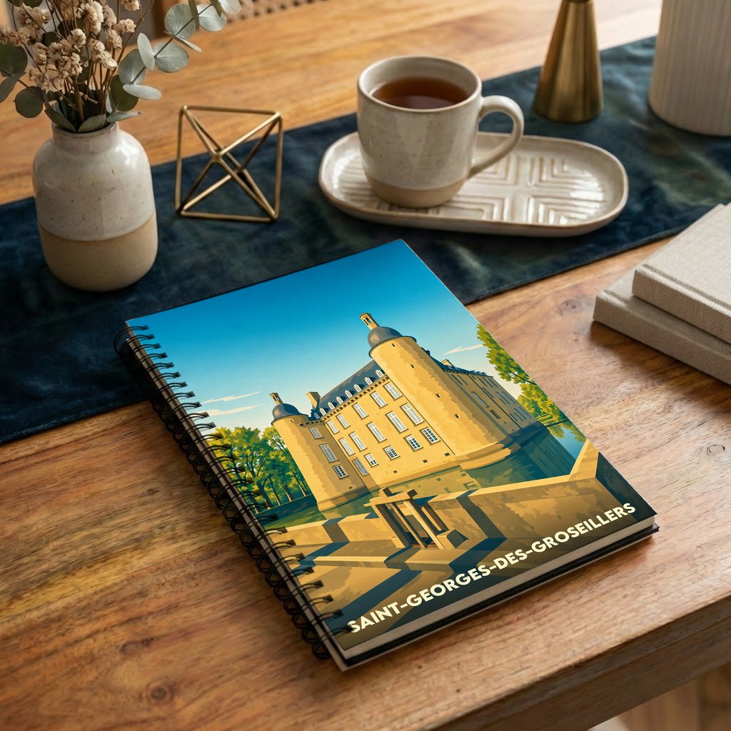Carnet souvenir de la ville de Saint-Georges-des-Groseillers avec une illustration stylisée de son château.