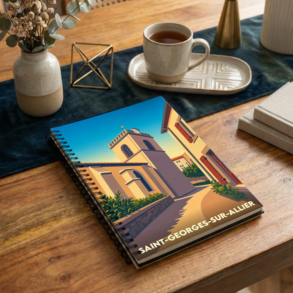 Carnet souvenir de la ville de Saint-Georges-sur-Allier avec une illustration stylisée de son église sous un ciel bleu.