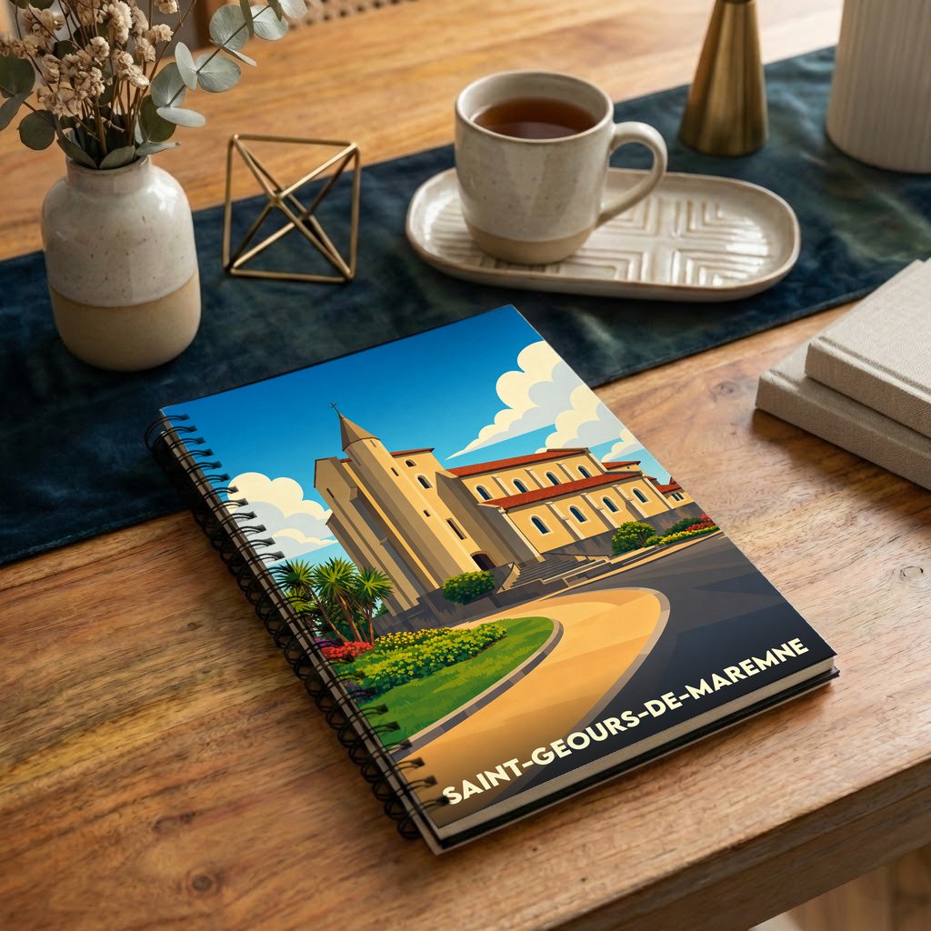 Carnet souvenir de la ville de Saint-Geours-de-Maremne avec une illustration stylisée de son église.
