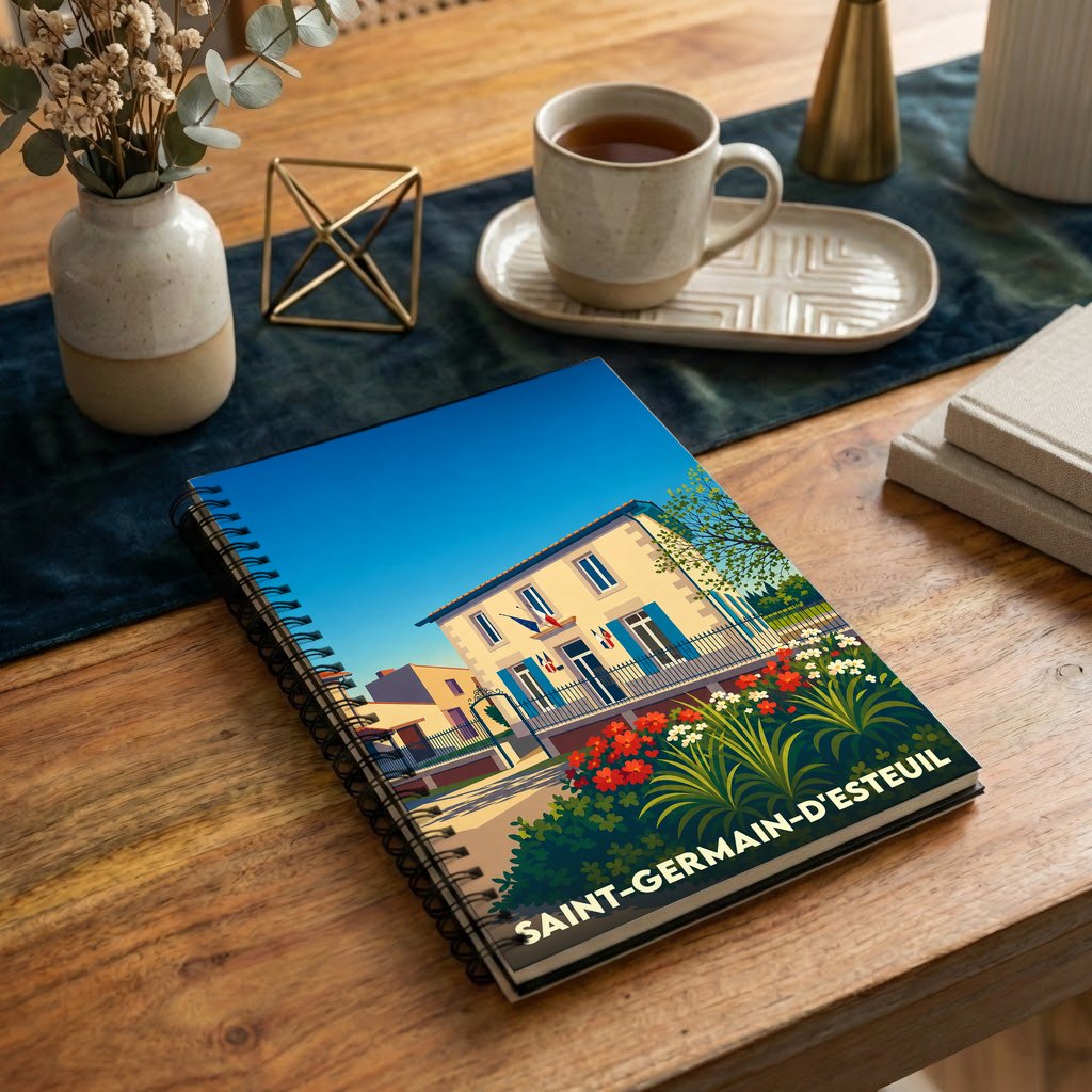 Carnet de notes souvenir de la ville de Saint-Germain-d'Esteuil avec une illustration stylisée et colorée.