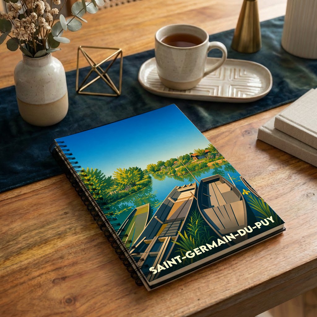 Carnet souvenir de la ville de Saint-Germain-du-Puy avec une illustration stylisée de barques sur l'eau.