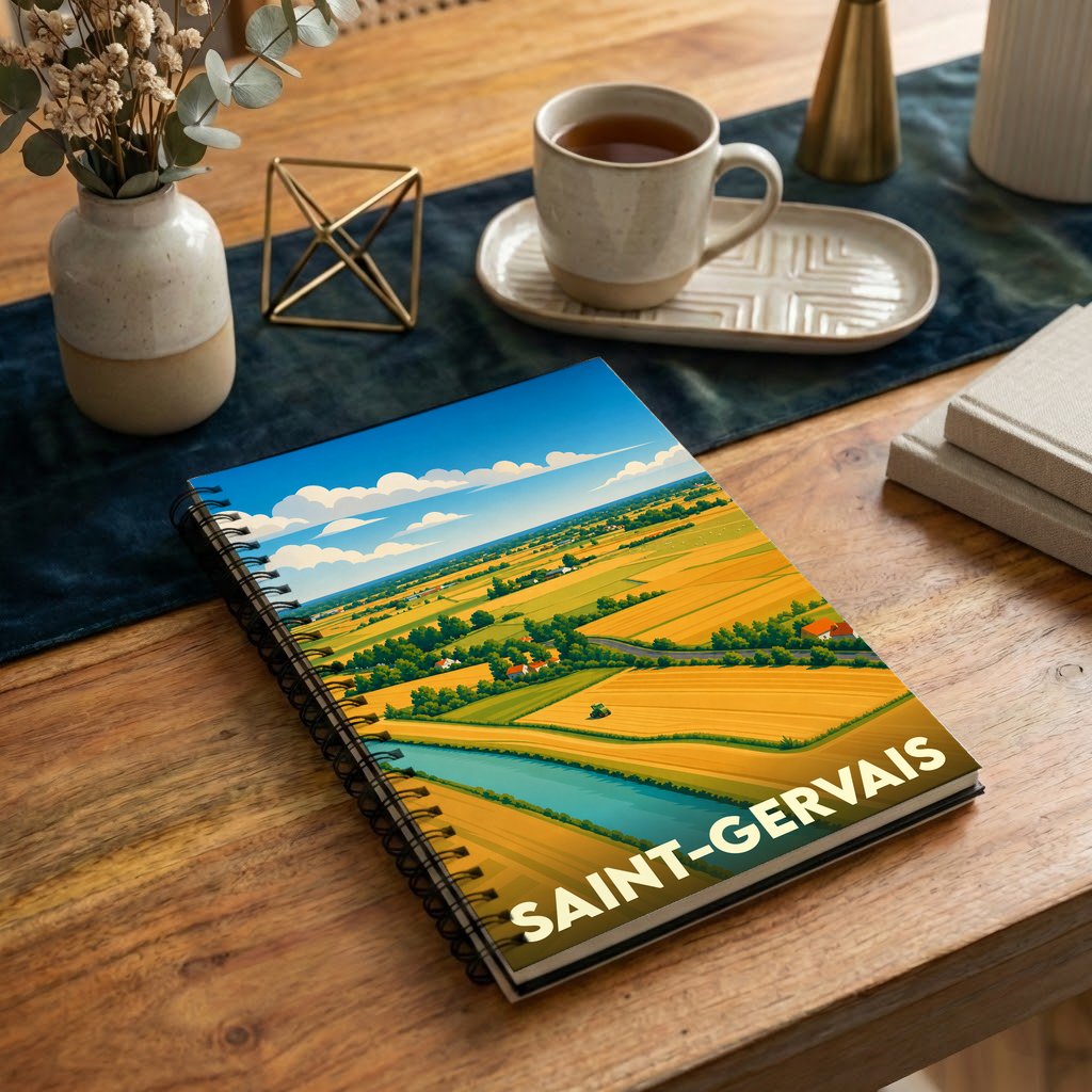 Carnet souvenir de la ville de Saint-Gervais avec une illustration stylisée de paysages ruraux.