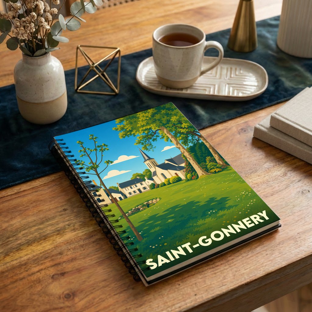 Carnet souvenir de la ville de Saint-Gonnery illustré d'un paysage de campagne stylisé.