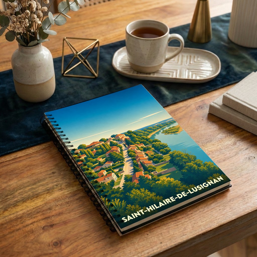 Carnet souvenir de la ville de Saint-Hilaire-de-Lusignan avec une illustration stylisée de son paysage urbain et fluvial.