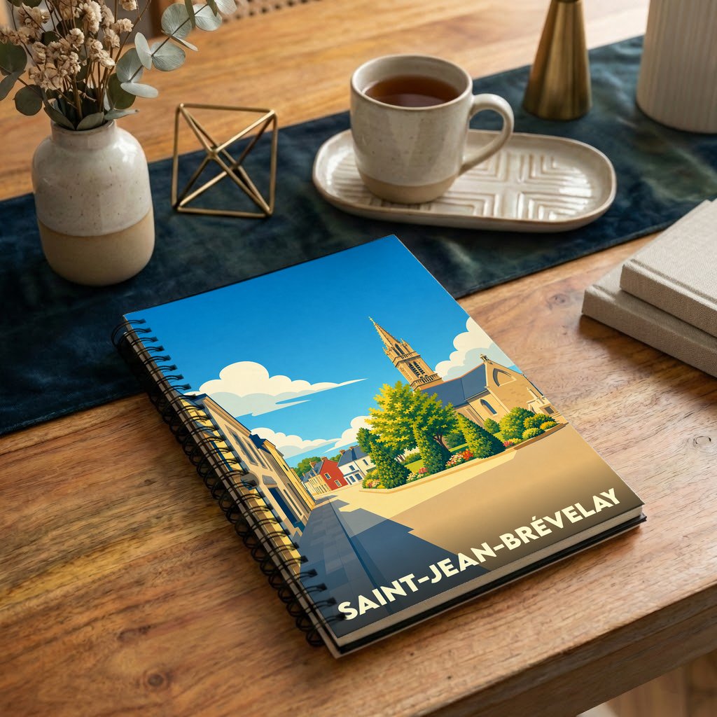 Carnet souvenir de la ville de Saint-Jean-Brévelay avec une illustration stylisée.