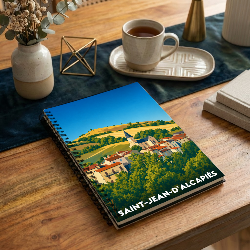 Carnet souvenir de la ville de Saint-Jean-d'Alcapiès avec une illustration stylisée.