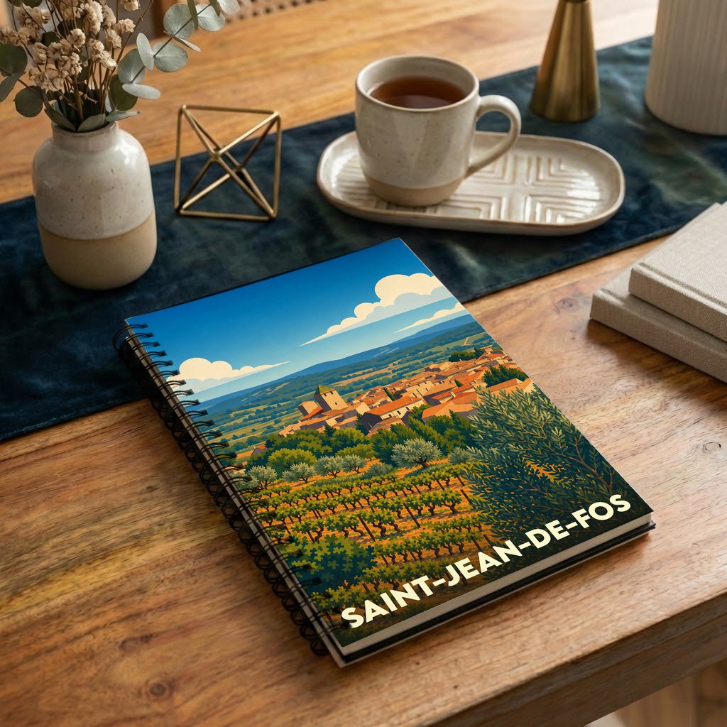 Carnet souvenir de la ville de Saint-Jean-de-Fos avec une illustration stylisée de son paysage provençal.