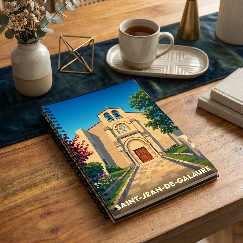 Carnet souvenir de la ville de Saint-Jean-de-Galaure avec une illustration stylisée de son église.