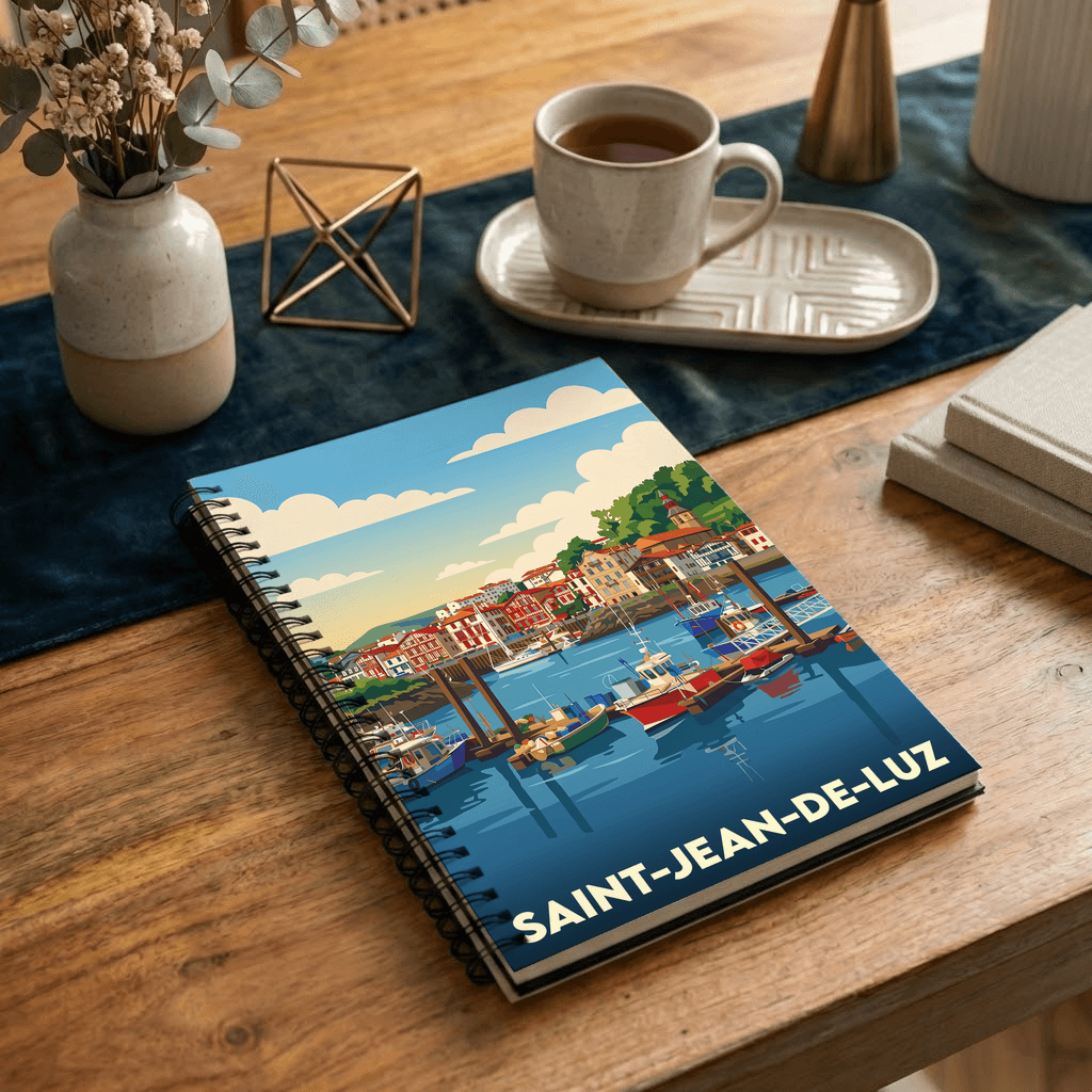 Carnet souvenir de la ville de Saint-Jean-de-Luz avec une illustration stylisée de son port.