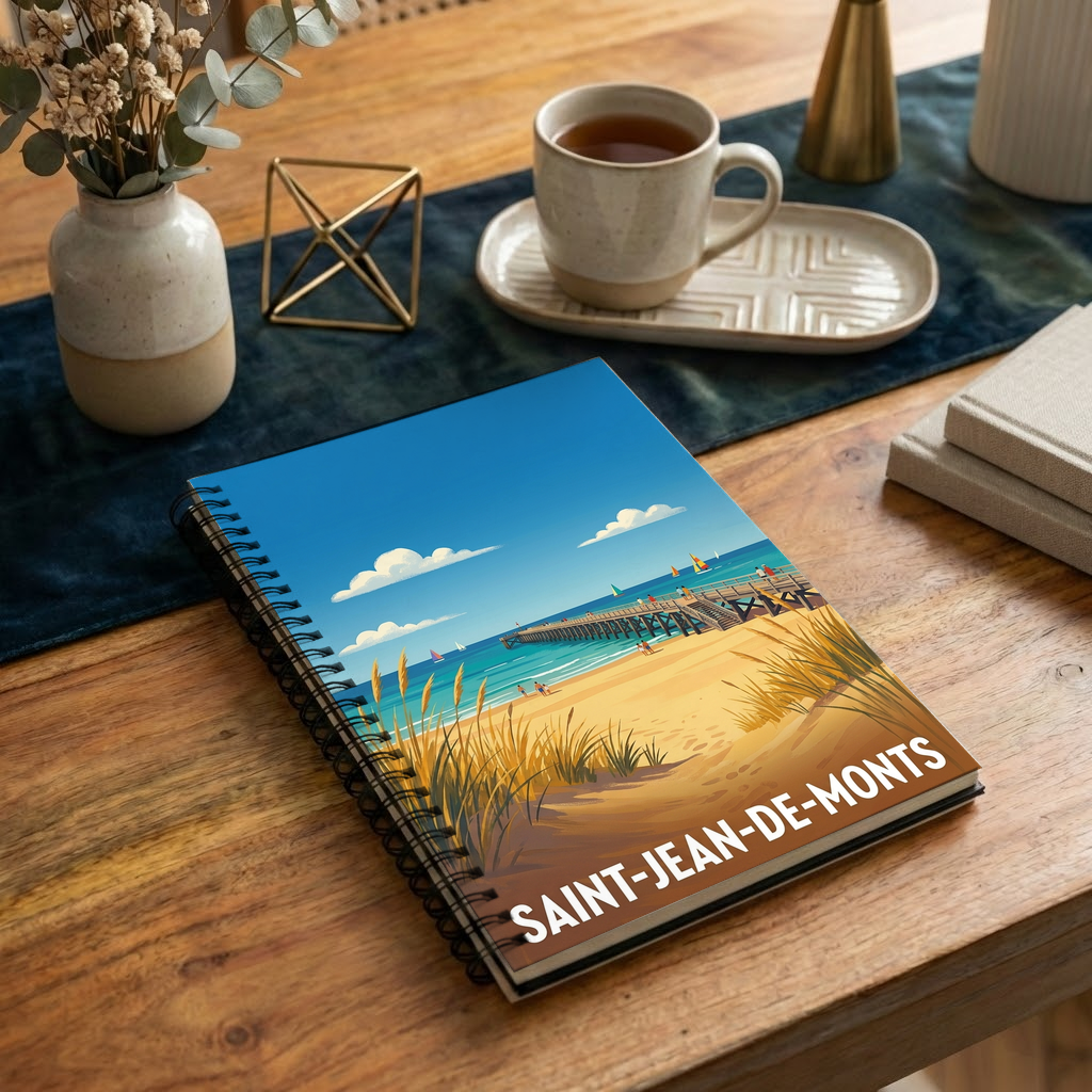 Carnet souvenir de la ville de Saint-Jean-de-Monts avec une illustration stylisée de sa plage.